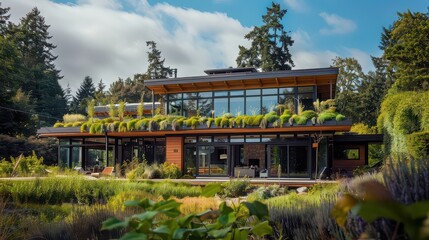 Naklejka premium A sustainable home with a green rooftop, energy-efficient windows, and a clean, natural design.