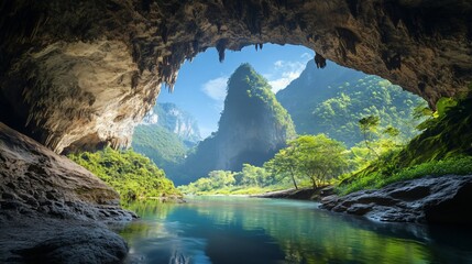 Enchanted Cave Entrance Unveiling a Serene River and Lush Mountains