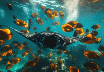 Majestic manta ray gliding gracefully through vibrant coral reef bustling with colorful tropical fish in crystal clear ocean waters