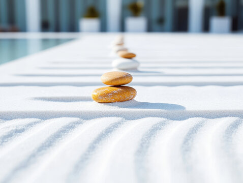 Minimalist sand garden with smooth stones and raked patterns, creating serene atmosphere. arrangement invites tranquility and reflection - Powered by Adobe