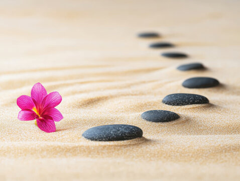 minimalist sand garden featuring smooth stones and vibrant pink flower, creating serene and calming atmosphere. arrangement invites relaxation and mindfulness - Powered by Adobe