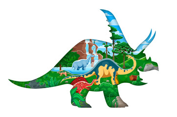 Paper cut prehistoric dinosaur silhouette 3d vector frame with dino species. Ouranosaurus, melanorosaurus, indricotherium and polacanthus in jungle forest environment with waterfall and palm trees