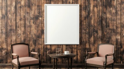 Blank White Frame Mockup On Rustic Dark Brown Wooden Wall With Pink Armchairs