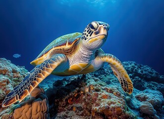 Obraz premium Majestic Sea Turtle Gliding Through Vibrant Coral Reef Beneath Clear Blue Ocean Waters, Capturing Nature's Beauty and Marine Life Diversity