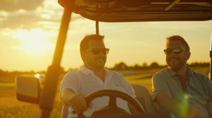 Portrait of Two businessman friends in a golf cart, AI generated image