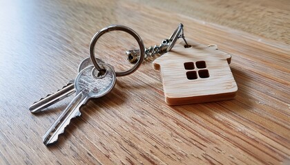 House keys on a wooden surface. New home, new beginnings!