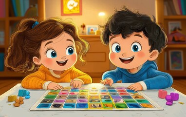 Fototapeta premium Children Playing Board Game Together with Joyful Expressions and Colorful Pieces