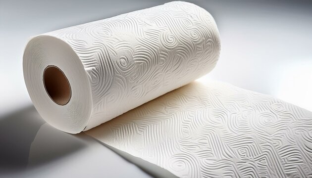 Close-up of a roll of white paper towels with an embossed pattern. Soft texture and clean look.