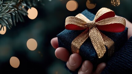 A hand holds a small, beautifully wrapped gift with a golden ribbon against a festive background.