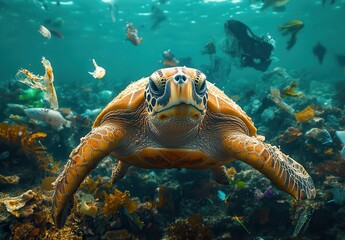 Obraz premium Majestic Sea Turtle Swimming Gracefully Through Coral Reef Amidst Marine Debris and Vibrant Underwater Ecosystem