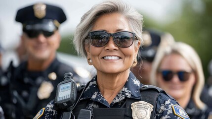 Fototapeta premium A smiling police officer in sunglasses stands among colleagues, showcasing community engagement.