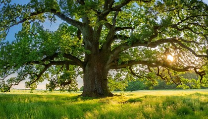Majestic oak tree in a sun-drenched field. Serene nature scene.