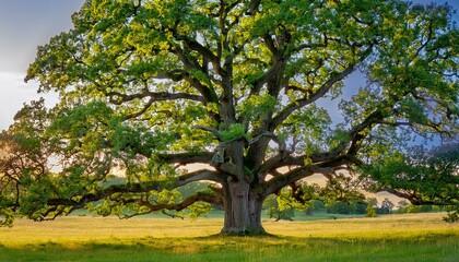 Majestic oak tree at sunset, its sprawling branches reaching towards the sky.
