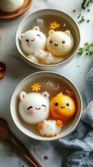 Floating animal-shaped dumplings in cute bowls of soup cozy kitchen food photography warm atmosphere whimsical concept