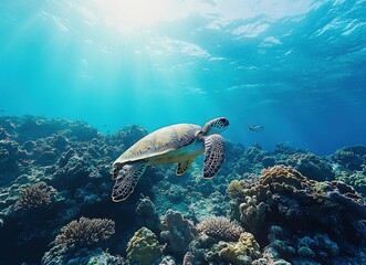 Fototapeta premium Majestic Sea Turtle Swimming Gracefully Through Vibrant Coral Reef Beneath Sunlit Ocean Surface
