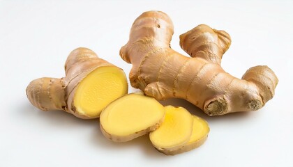 Fresh ginger root, sliced and whole, on a white background.