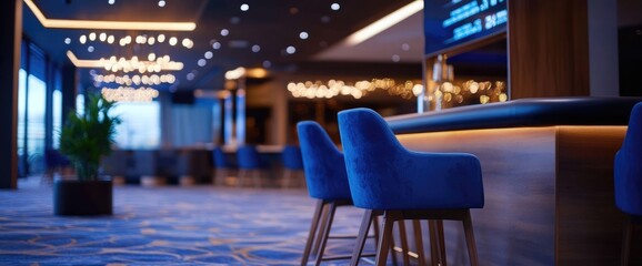 Fototapeta premium Modern bar interior, blue chairs, city view. Leisure space