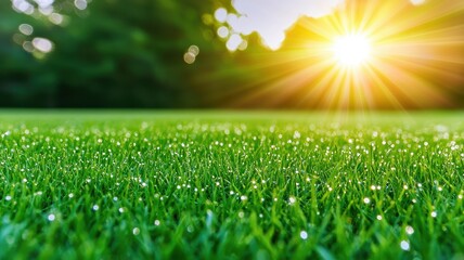 Obraz premium A vibrant sunrise illuminates dew-kissed grass, creating a serene and refreshing outdoor scene, perfect for nature lovers.