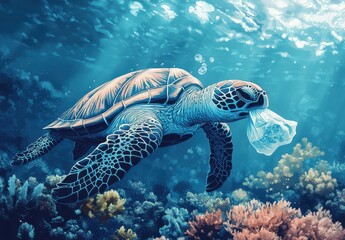 Fototapeta premium Majestic Sea Turtle Swimming Through Coral Reefs While Ingesting Plastic Bag Highlighting Ocean Pollution and Environmental Awareness