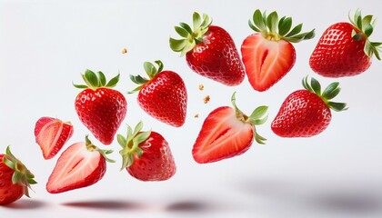 Juicy strawberries falling in mid-air.  Sweet and vibrant red.