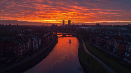 Fototapeta premium Fiery sunrise over city river with boat.