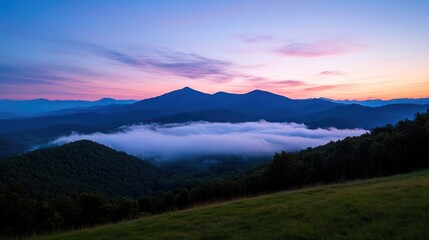 Fototapeta premium Mountain sunrise, fog valley, scenic view, peaceful landscape, nature photography