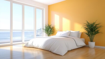 Coastal bedroom, sunny morning, ocean view, relaxing interior design, home decor