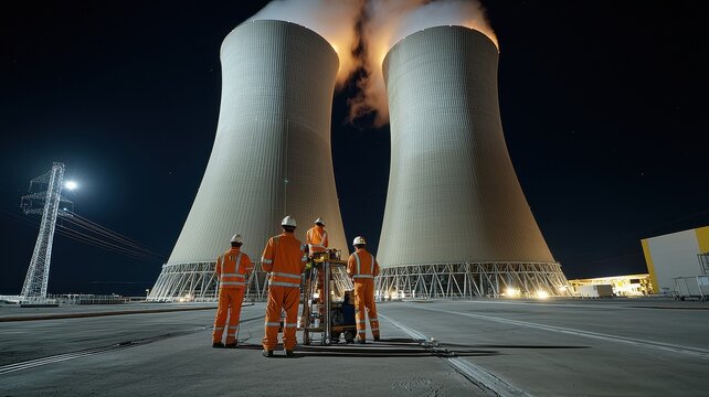 A nighttime view of a nuclear power plant with cooling towers and workers in safety gear, highlighting energy production and industrial infrastructure.