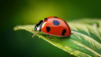 Naklejka premium A ladybug perched on a vibrant green leaf.
