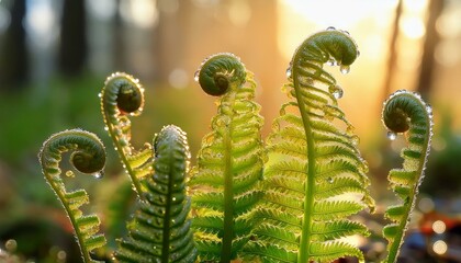 Naklejka premium Delicate fern fronds unfurl, glistening with morning dew.