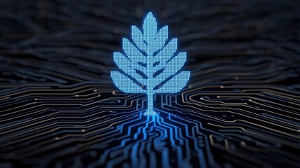 Mental Health Wellness Technology concept. Glowing Digital Tree with Branching Illumination Abstract Technological Nature Concept