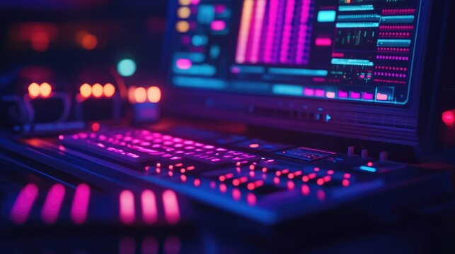 Neon-lit gaming setup, futuristic interface, night background, for tech articles