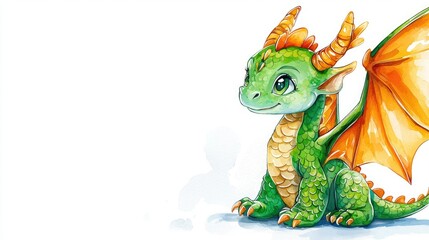 Obraz premium A cute, green dragon character with vibrant orange wings and friendly eyes, illustrated in a whimsical, watercolor style.