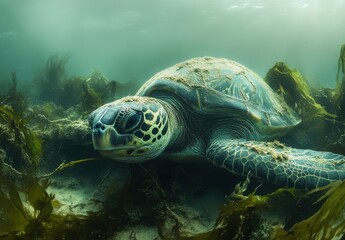 Serene Green Sea Turtle Among Vibrant Underwater Kelp Forest in Clear Ocean Water with Sunlight Streaming Through Surface