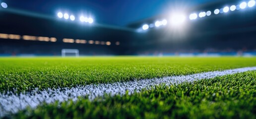 Night soccer field, stadium lights, game prep. Sports background