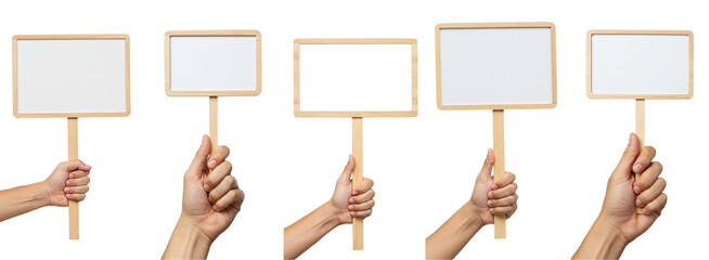 hand holding blank demonstration wooden sign isolated on transparent background