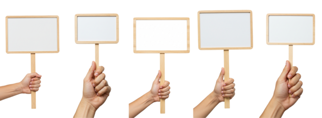 hand holding blank demonstration wooden sign isolated on transparent background