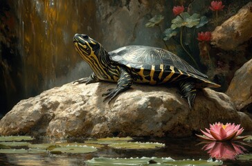 Serene Turtle Sunbathing on a Rock Beside Blooming Water Lilies in a Tranquil Pond Setting Surrounded by Lush Greenery and Gentle Water Falls