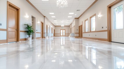 Elegant hallway interior design, polished floors, spacious venue, event space