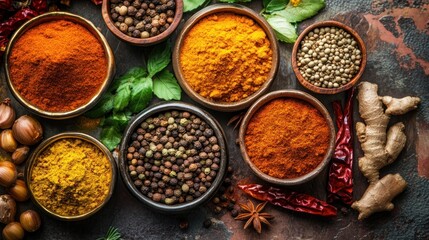 Fototapeta premium Various herbs and spices for Asian Food, AI generated image