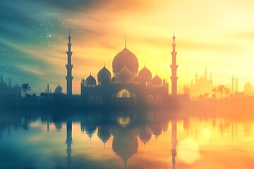 Obraz premium Majestic Mosque Silhouette at Sunrise Reflecting in Water