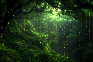 A vibrant lush forest with a digital twist, where streams of data flow seamlessly