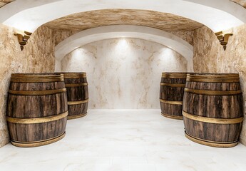 Elegant Wine Cellar Interior With Stone Walls And Wooden Barrels