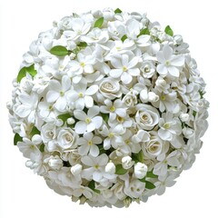 Beautiful arrangement of white flowers, roses, and leaves in a round shape on a white background, symbolizing purity and elegance
