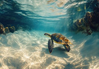 Obraz premium Underwater Scene of a Green Sea Turtle Swimming Gracefully Through Crystal Clear Water Surrounded by Soft Sand and Vibrant Coral Reefs