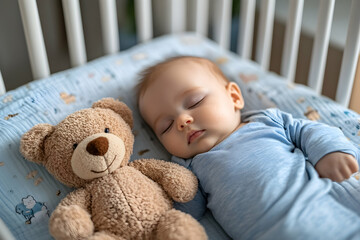 Sweet baby peacefully sleeping in crib with teddy bear, adorable infant napping soundly.