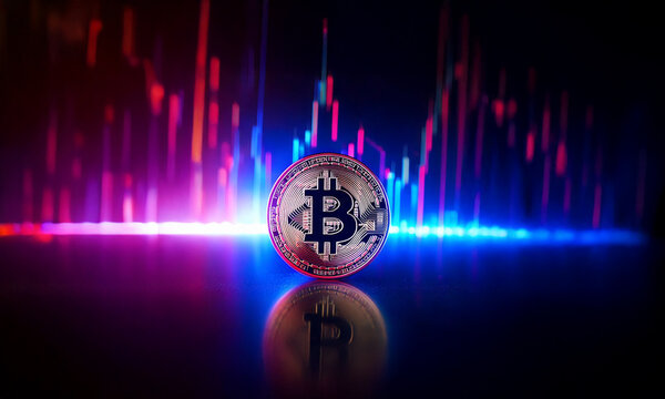 Generated image of a coin of Bitcoin. Background of investments.