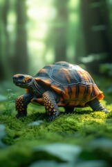 Obraz premium Vibrant Turtle on Lush Green Moss Surrounded by Soft Light in a Serene Forest Setting with Ethereal Background Elements for Nature Lovers