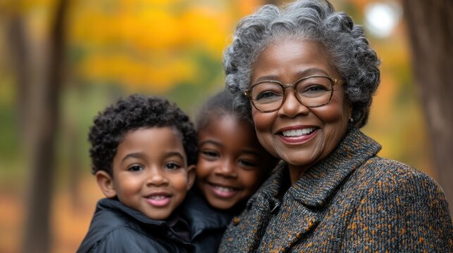 Grandmother's Love: A heartwarming autumn portrait of an African-American grandmother with her two grandchildren, beaming with joy and affection, amidst the vibrant colors of fall foliage.