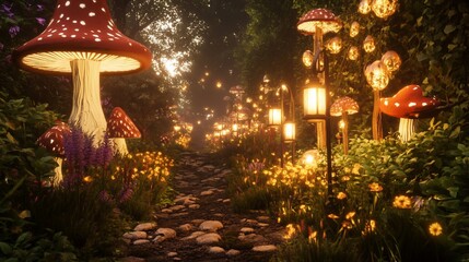 Enchanted Forest Path: A Magical Journey Through Glowing Mushrooms and Fairy Lights